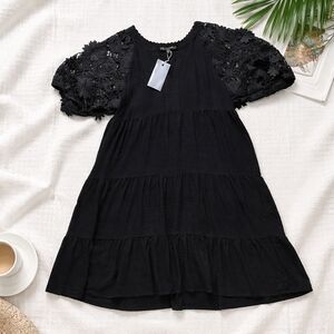 Black Tiered Dress with Lace Puff Sleeves